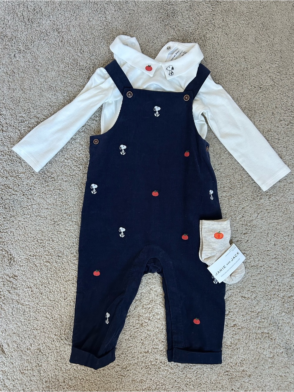 Janie and Jack Navy Corduroy Overalls with pumpkin & Snoopy Embroidery